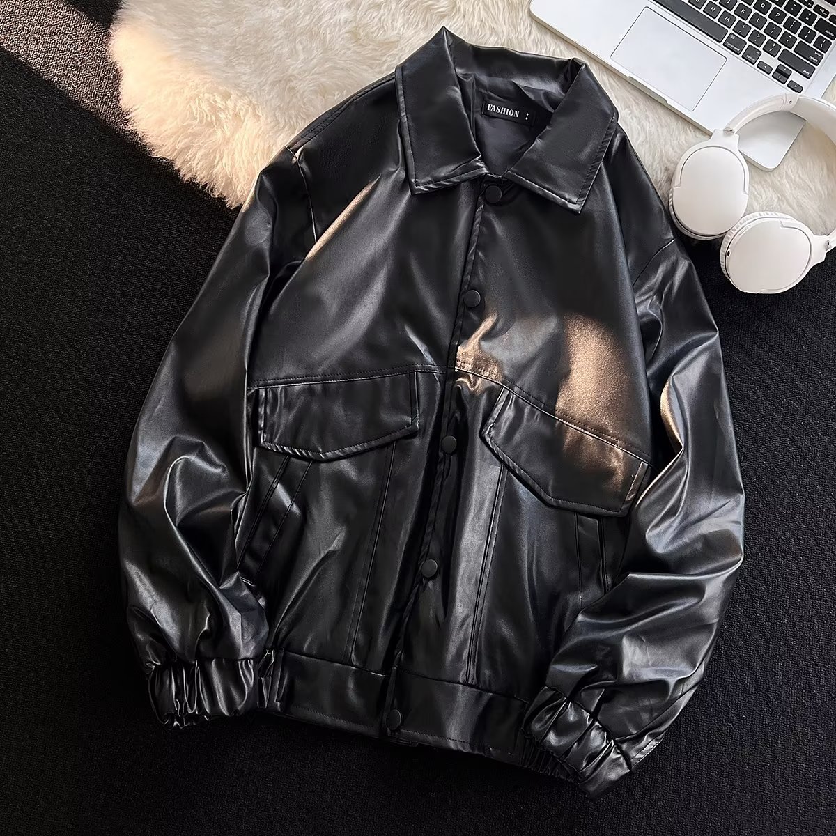 Retro youth soft leather coat men's loose Korean lapel motorcycle clothing fashion brand pilot leather jacket black coat fashion