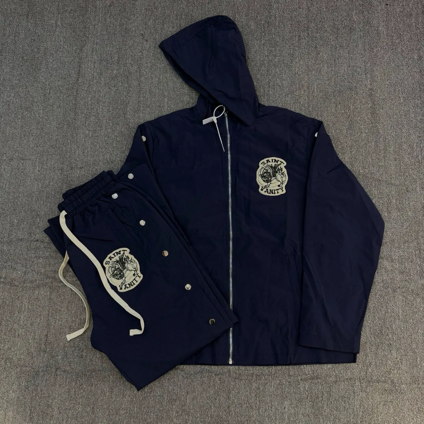 Street Style Saint Vanity Embroidered Button-Down Sporty Casual Trench Coat Jacket and Pants Set