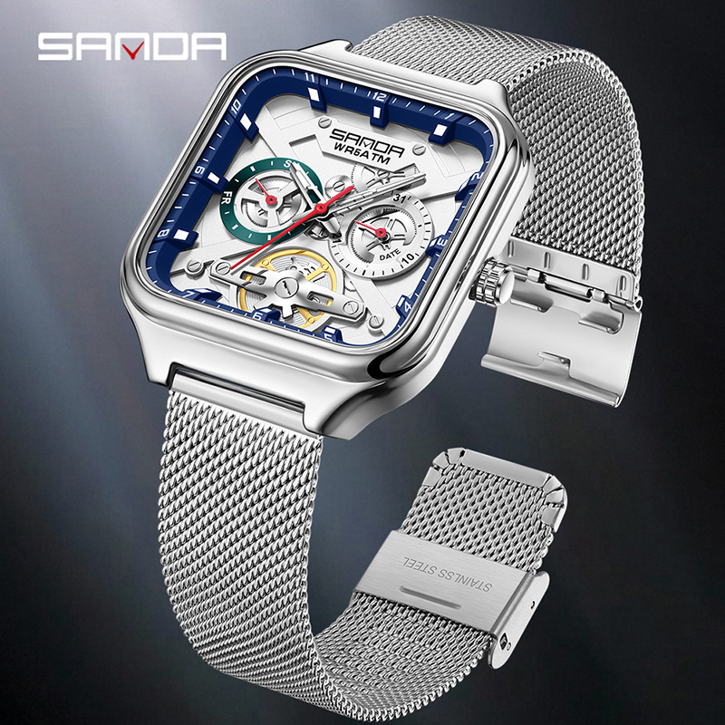 Sanda Amazon's New Men's Watch Business Luminous Square Watch Men's Waterproof Mechanical Style Quartz Watch with Calendar