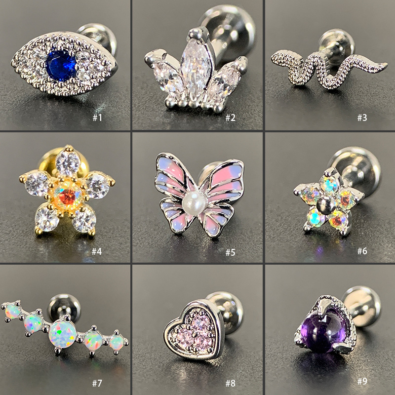 1.2mm thick 316L titanium steel copper gold plated butterfly snake crown colorful micro inlaid zircon lip nail lip decoration ear bone nail