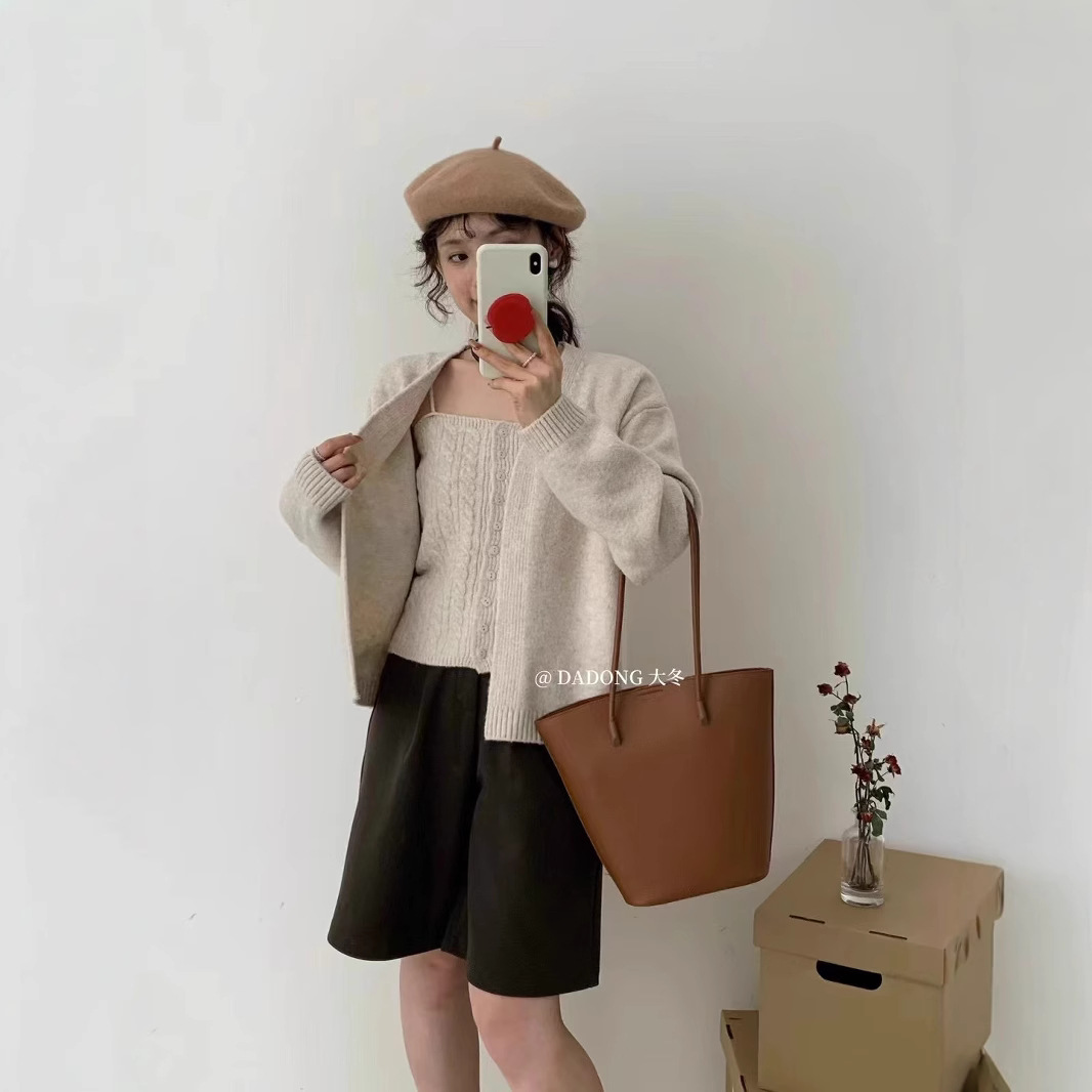 Lazy Style Soft Waxy Twist Sling Knitted Cardigan Two-Piece Korean Style Slimming Sweater suit Top for Autumn and Winter 2024