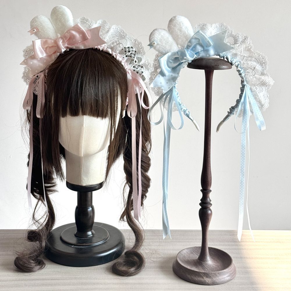 Mini Bunny Ear Headband Lolita Bow Polka Dot Bunny Hair Accessory Lace Ribbon Pink Lolita Headband