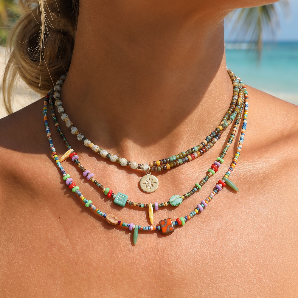 Cross-Border Amazon Bohemian Fashion Beach Ocean Style Necklace, Handmade Layered High-End Versatile Clavicle Chain