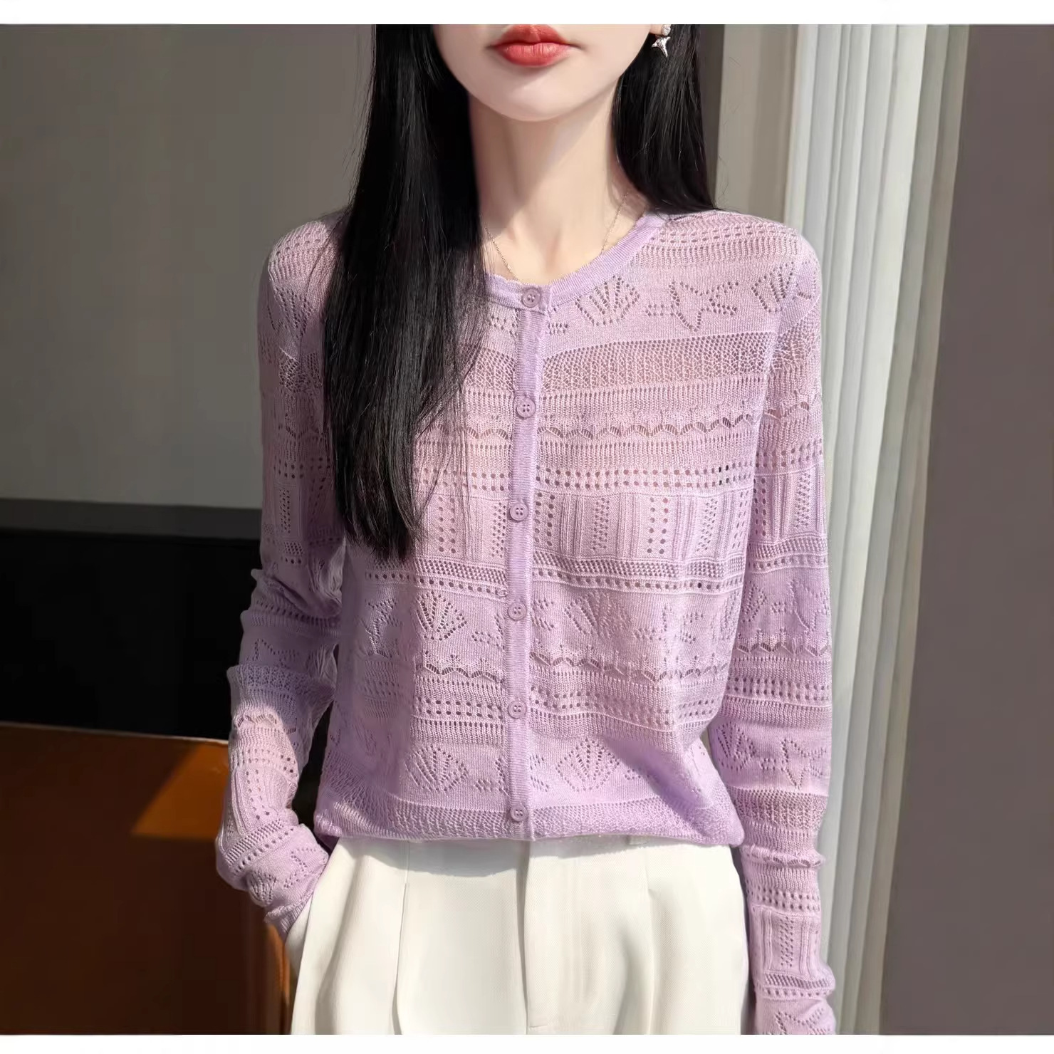 Unique Hollow-Out Fine-Spun Wool Knit Cardigan Long-Sleeve Top for Women, 2025 Spring and Autumn Outerwear Sun Protection Cover-Up Jacket