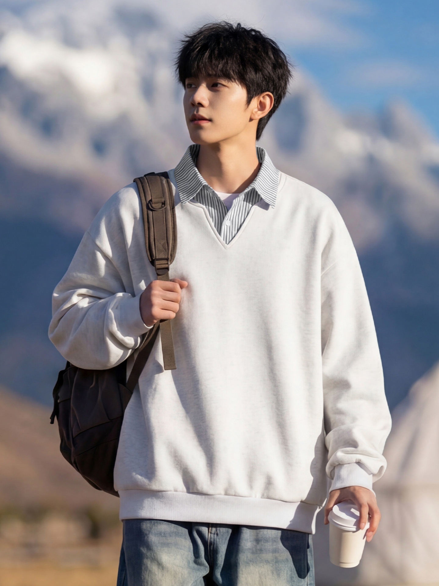 Retro Striped Patchwork Faux Two-Piece Shirt Collar Sweatshirt for Men, Spring College Style Turn-Down Collar Top, Short Wide Silhouette Jacket