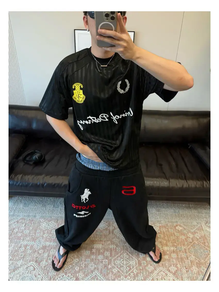 Mowalola Black and Blue Angel Horse Embroidery Jogger Pants Baggy Loose Wide-Leg Sports Pants for Men and Women
