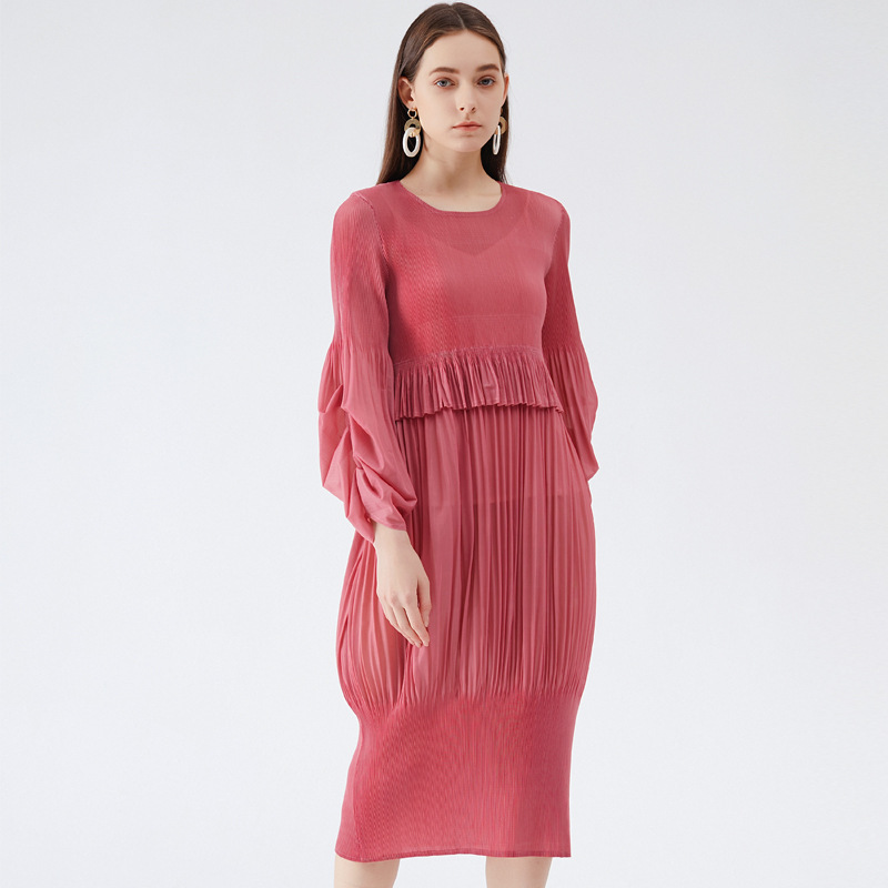 2026 Spring Simple Design Girly Fresh and Sweet Pleated Puff Sleeve Lantern Dress Mid-Length Dress for Women