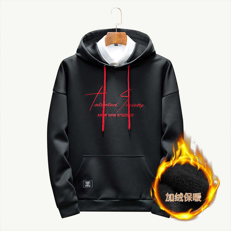 Men's Hooded Sweatshirt Loose Autumn and Winter Velvet Thickened Fashion Casual Jacket Letter Printed Top Men's Cross-Border