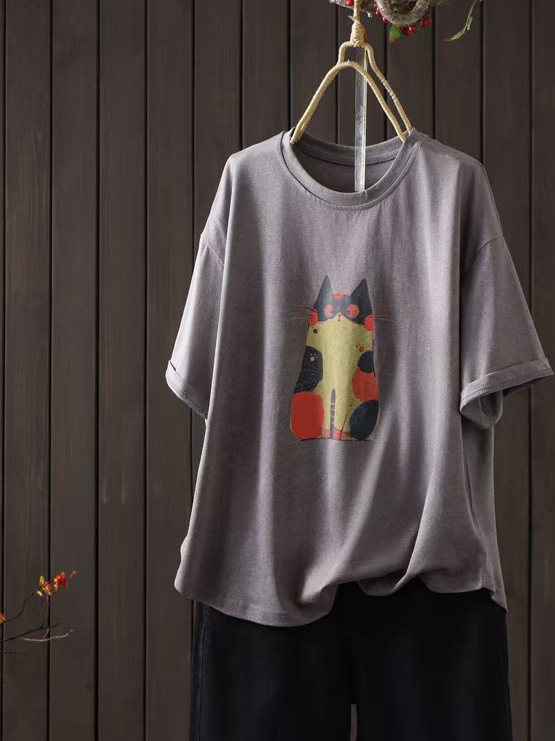 26 Summer Style T-Shirt Short-Sleeved Women's Cartoon Printed Cat Loose Casual College Style T-Shirt Half-Sleeved Skin-Friendly Thin T-Shirt