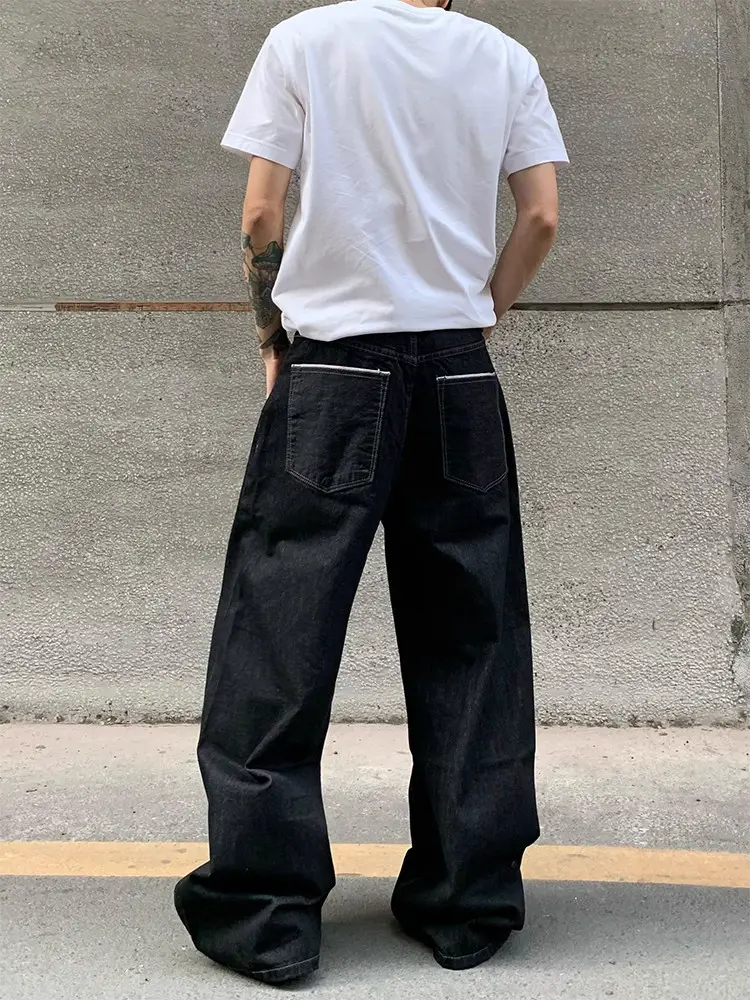 American Retro Selvedge Red-Edged Raw Denim Black Wide-Leg Jeans Unisex Baggy Loose Straight Casual Pants