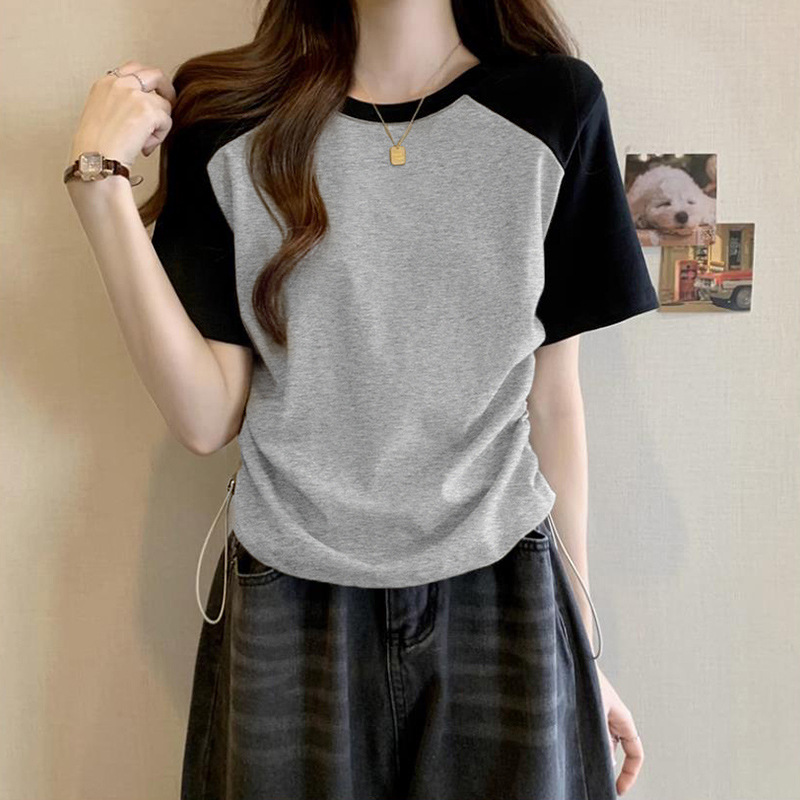 Women's Short-Sleeved T-Shirt Summer Right Shoulder Color Matching American Retro Waist Slimming Look Short Top for Small People