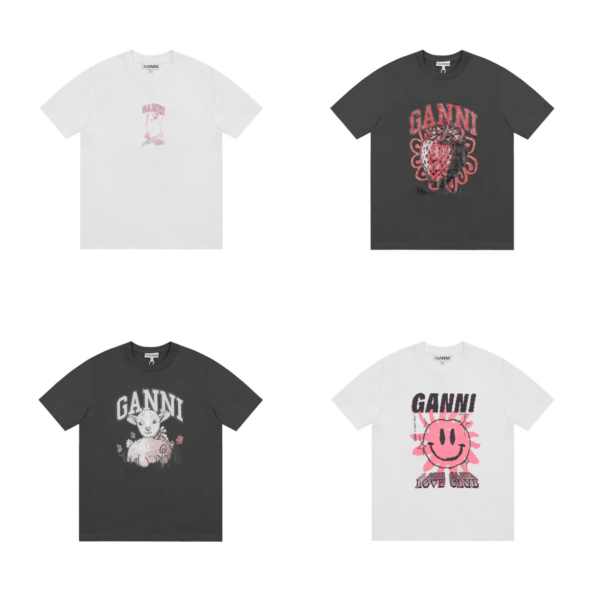 2025 New Summer Oan Letter Animal Smiley Face Print Internet Celebrity Same Style Round Neck Loose Short-Sleeved T-Shirt for Men and Women