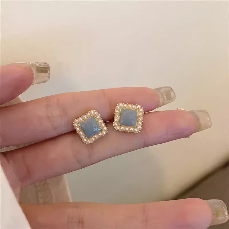 S925 Silver Needle Pearl Earrings Tea Earrings Design Niche Retro Blue Earrings Simple Cold Style Earrings