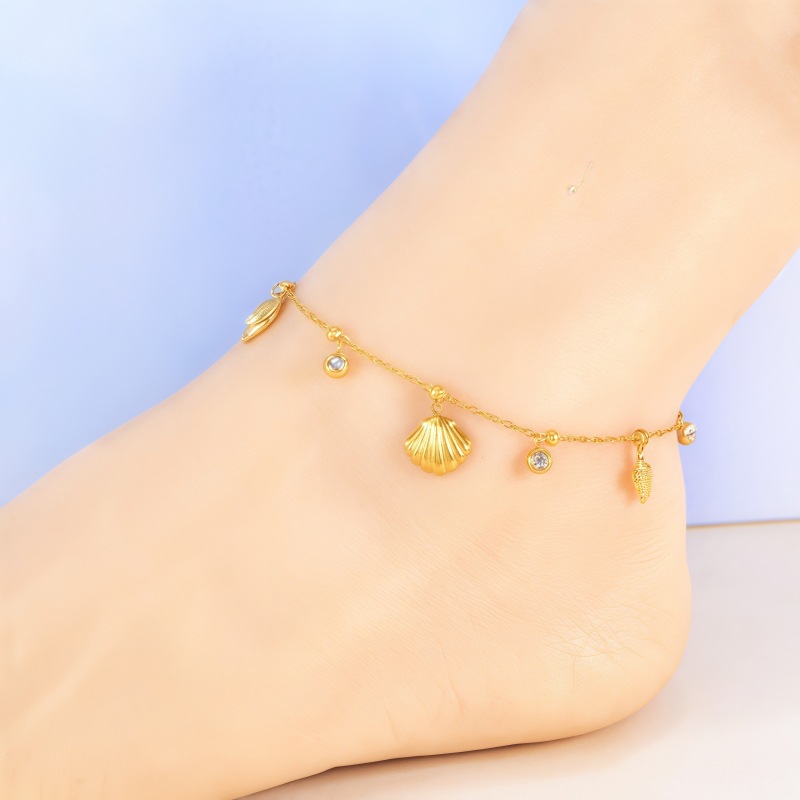 2025 New Ocean Series Accessories Stainless Steel Starfish Scallop Dolphin Pendant Light Luxury Sticky Diamond Women's Anklet Women