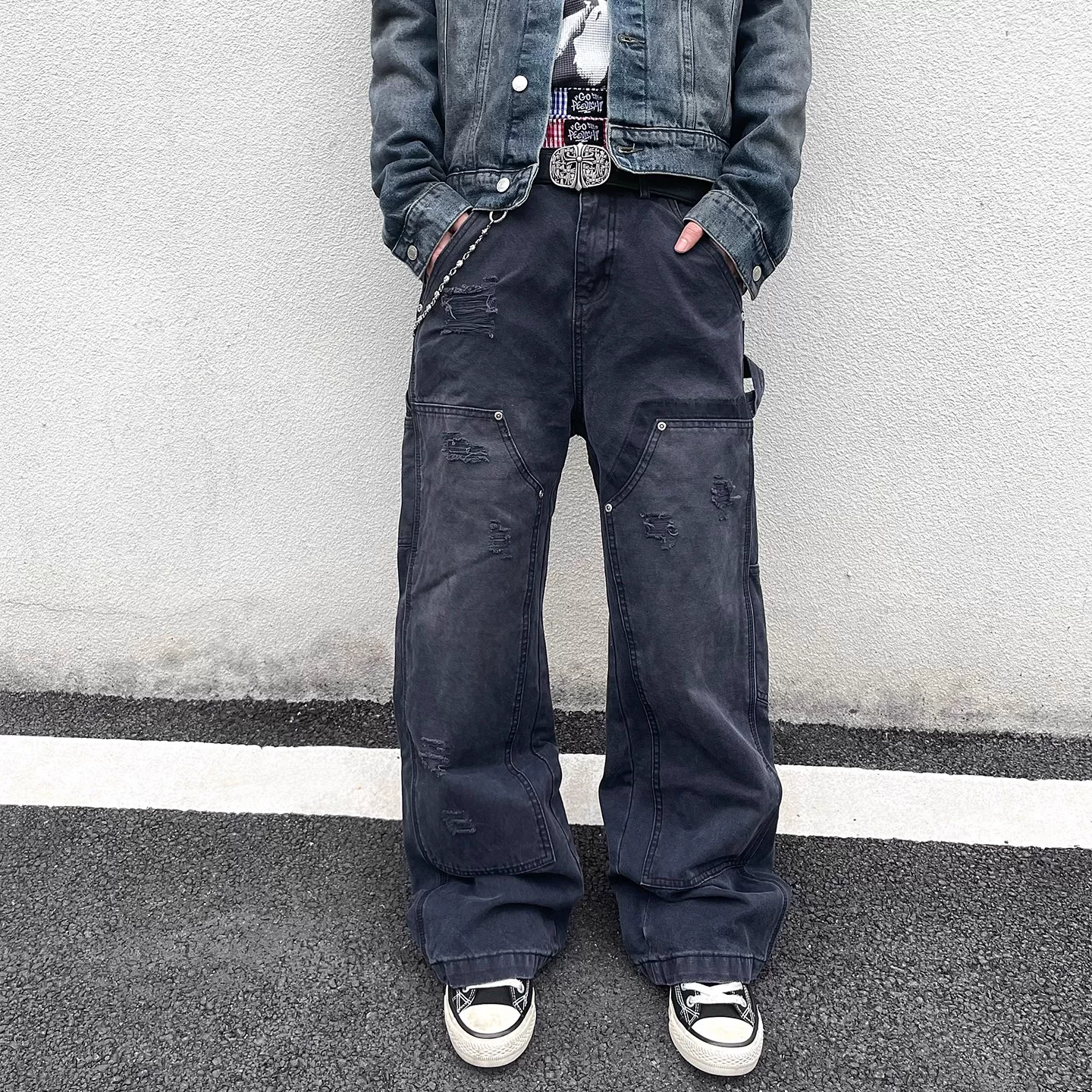 NIETPXFO washed distressed vintage double knee b01 logging pants vintage workwear jeans
