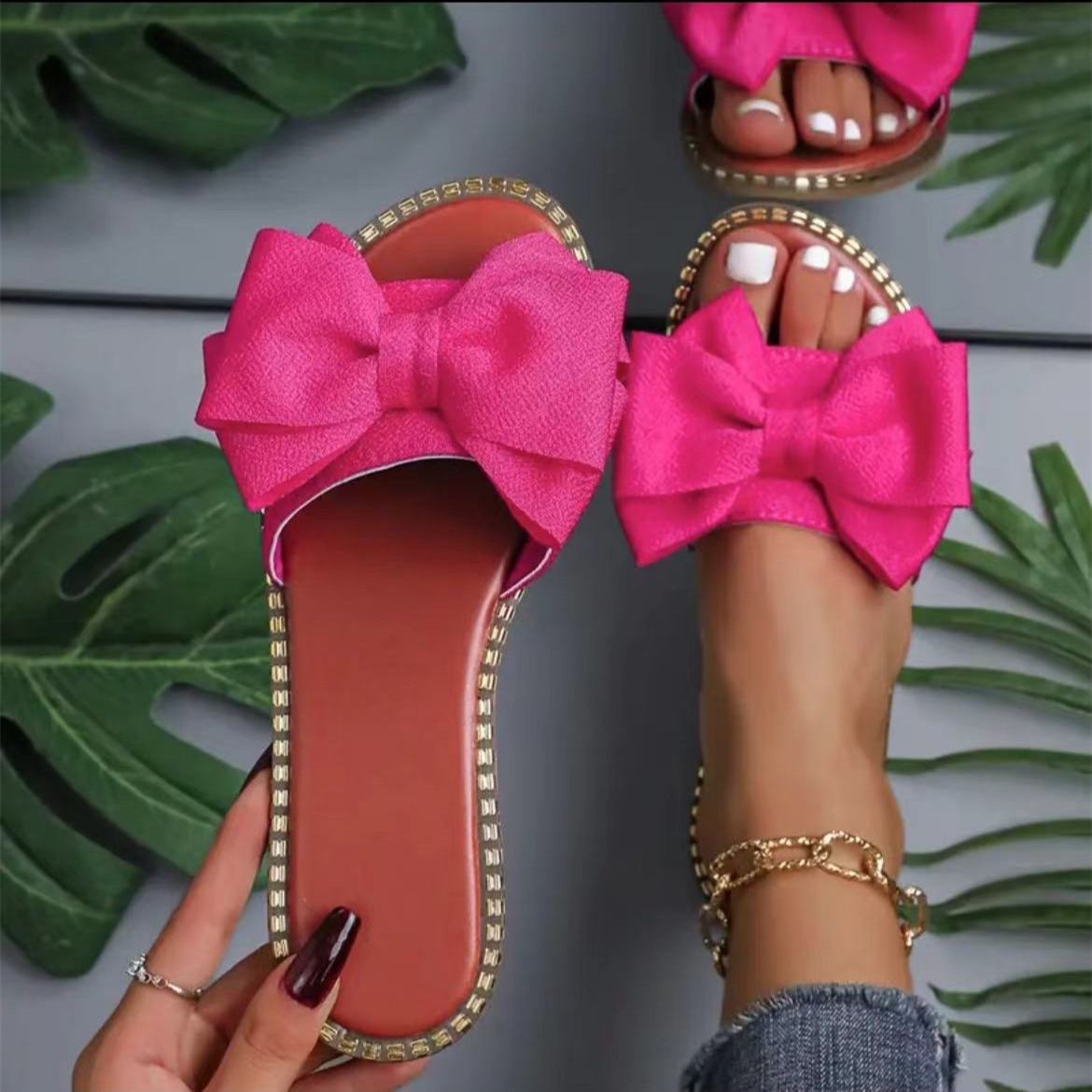 Cross-border New Flat Rhinestone Bow Slippers Women's Outer Wear Solid Color Lightweight Cloth Sandals Amazon