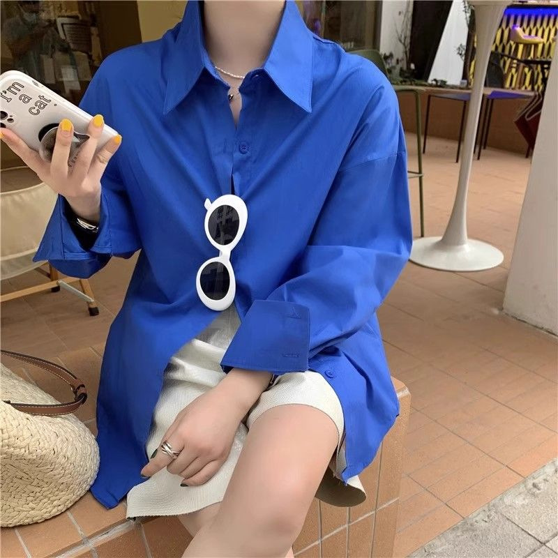 Vintage Hong Kong Style Klein Blue Sunscreen Shirt Women's 2024 Summer New Loose Comfortable Casual Long Sleeve Top