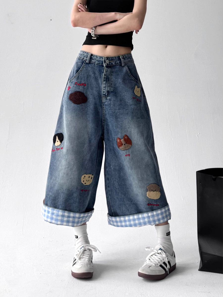 Distressed Denim Shorts with Embroidered Puppy Design for Women, Spring and Autumn Vintage Loose Wide-Leg Cropped Pants
