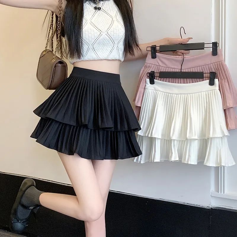 New Sweet Tutu Skirt, College Style Skirt, Double Layer Cake Pleated Skirt, Elastic Waist, Anti-Exposure Safety Pants Skirt