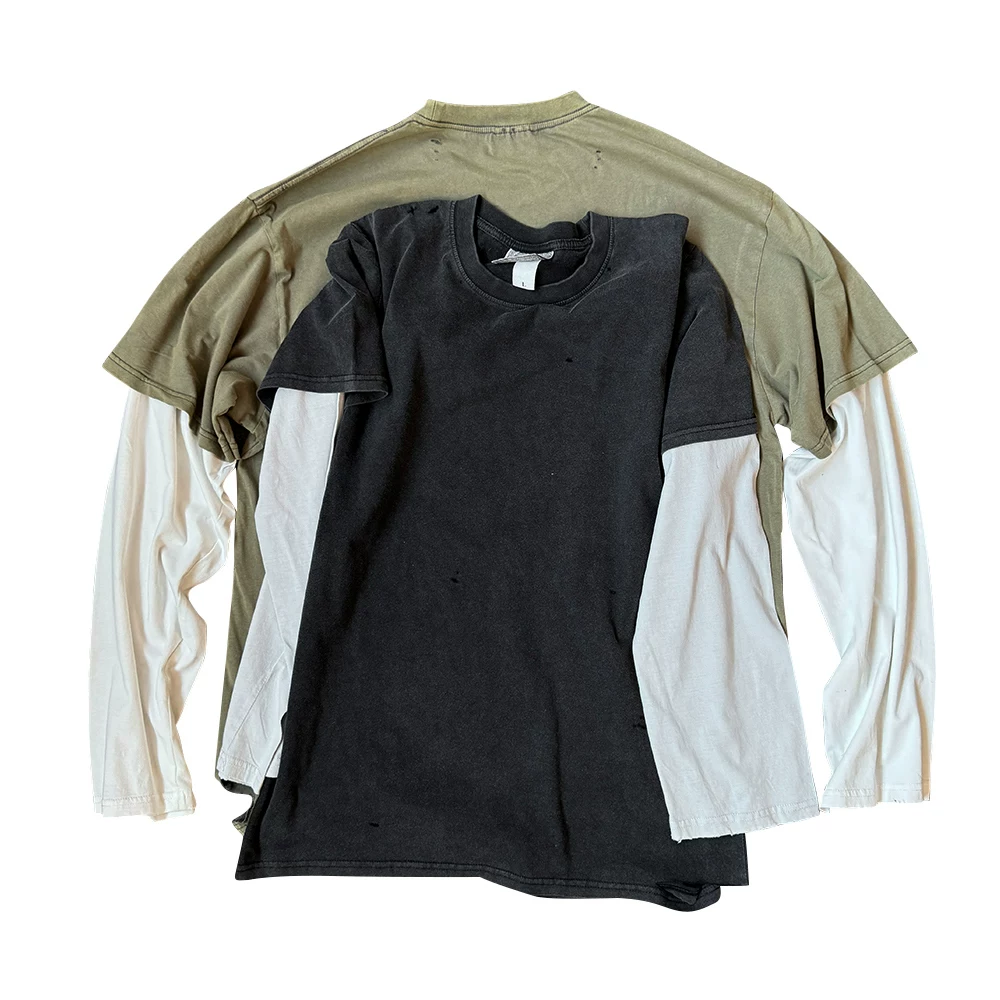Vintage washed high-end fake two-piece top with American retro color scheme and lazy style long sleeved T-shirt with damaged hem
