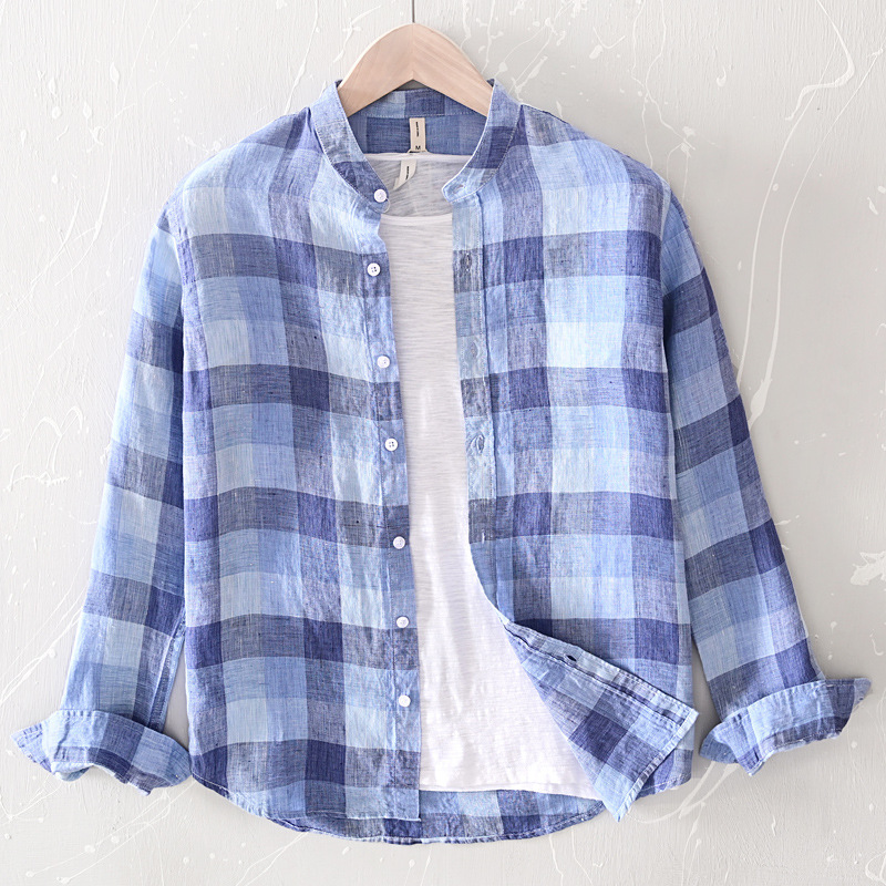 L527 casual color matching striped linen long sleeve plaid shirt men's inside and outside shirt men's coat a generation of hair