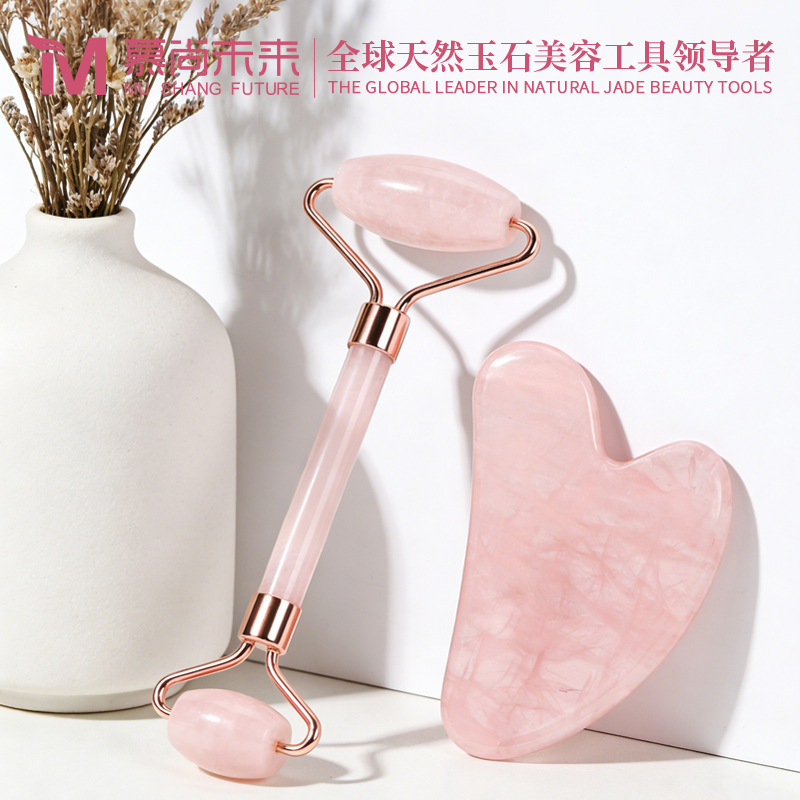 Heart-Shaped Pink Crystal Roller Massager Set Facial Beauty Board Double-Headed Jade Roller Massager