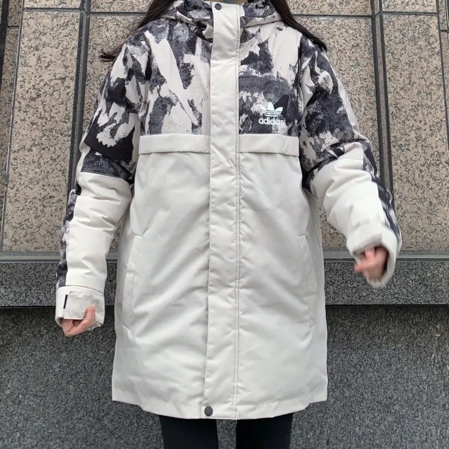 Adidas ins Winter New Trifoliage Medium and Long cotton-padded jacket Stitching Thickened Warm Loose Leisure Hooded Cotton-padded Clothes for Men and Women [Finished on December 6]]