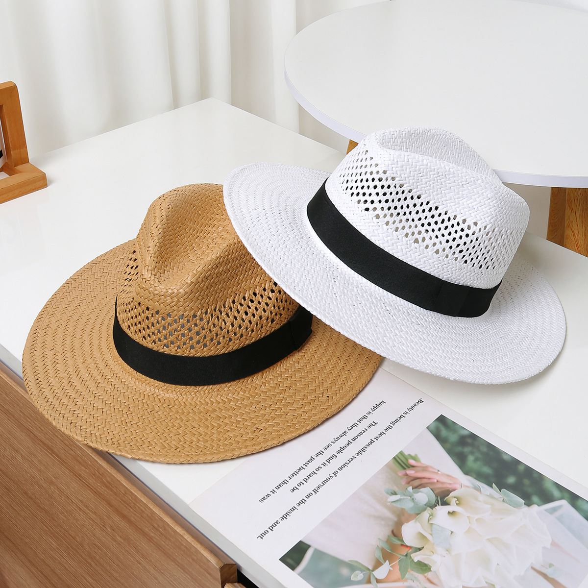 2026 Spring and Summer White Men's Sunshade Sun Protection Beach Hat Women's Summer Jazz Hat Trendy Panama Straw Hat