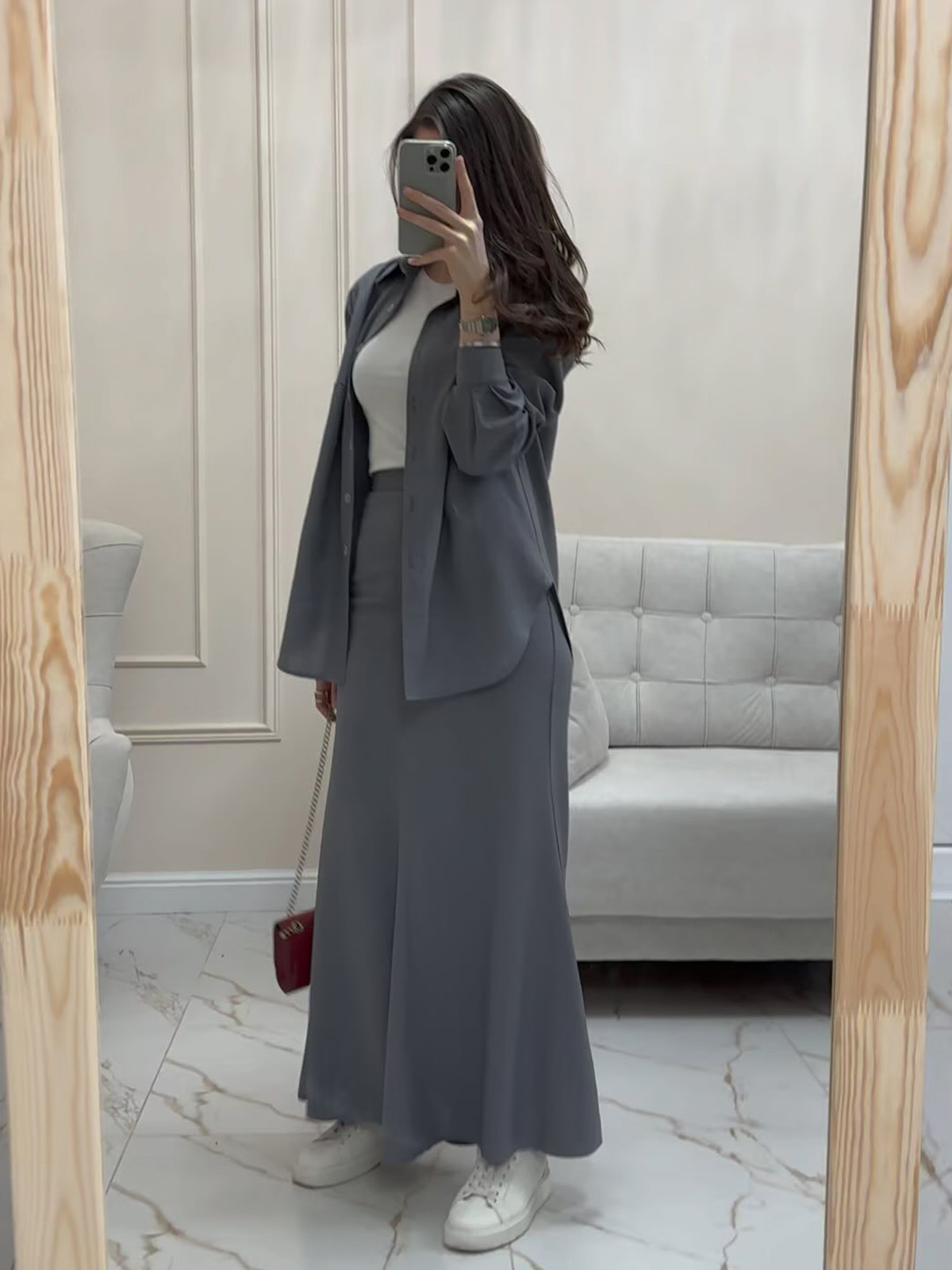 Comfortable Casual Loose Long-Sleeved Shirt and Elastic Waist Long Skirt Two-Piece Set for Women 2026 Summer New Thin Suit