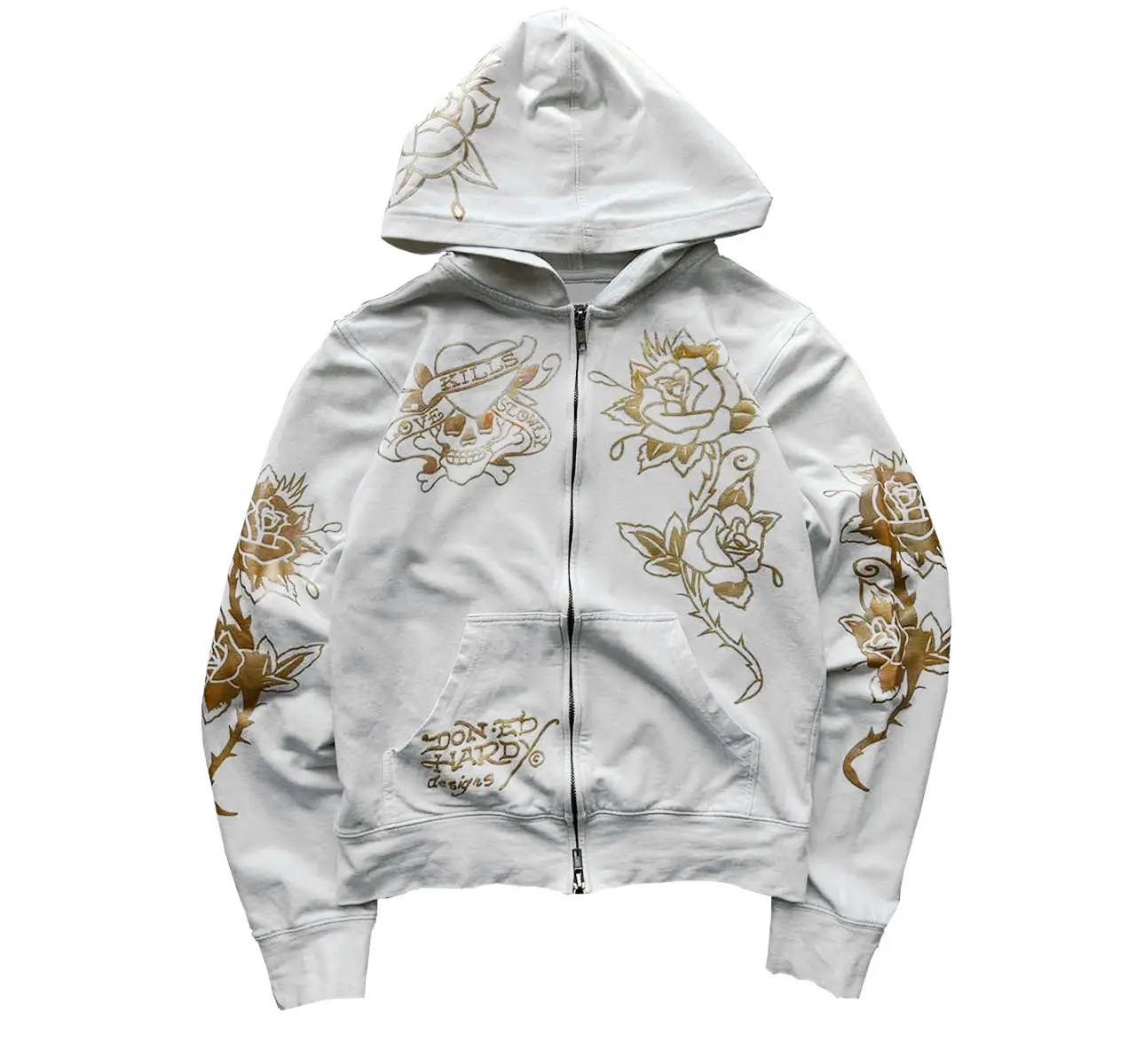 Shop Owner Recommended! Tattoo Heavy-Duty Gold Foil Hip-Hop American Street Style Hooded Zip-Up Sweatshirt Jacket