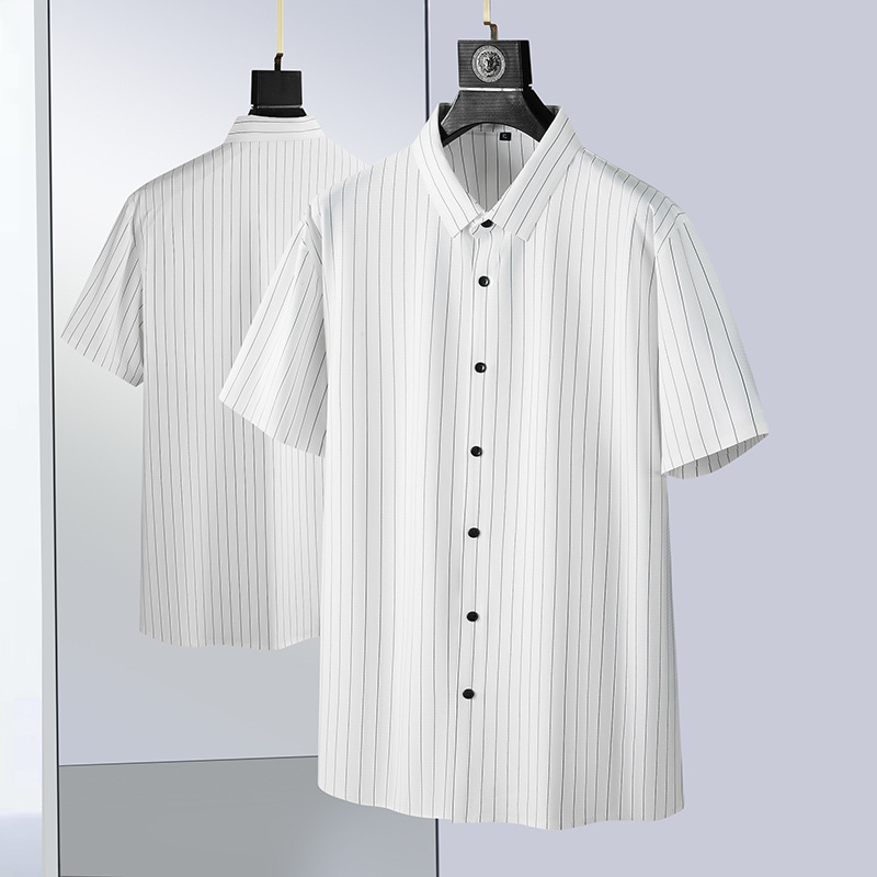 Fat Brother 2023 Plus Size Vertical Striped Shirt Men's Short Sleeve Summer Ice Silk No-Iron Stretch Short Sleeve Shirt