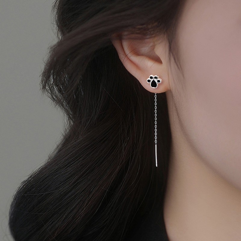 Black Cat Paw Ear Threader Long Earrings That Make the Face Look Slimmer, Elegant Tassel Small Animal Paw Print Earrings, Panda Paw Ear Pendants