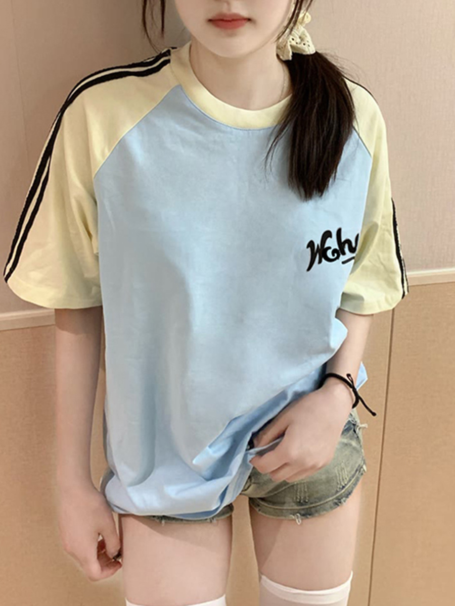 Cross-border American dopamine contrast color raglan short sleeve T-shirt women's summer striped stitching loose half sleeve women's top tide