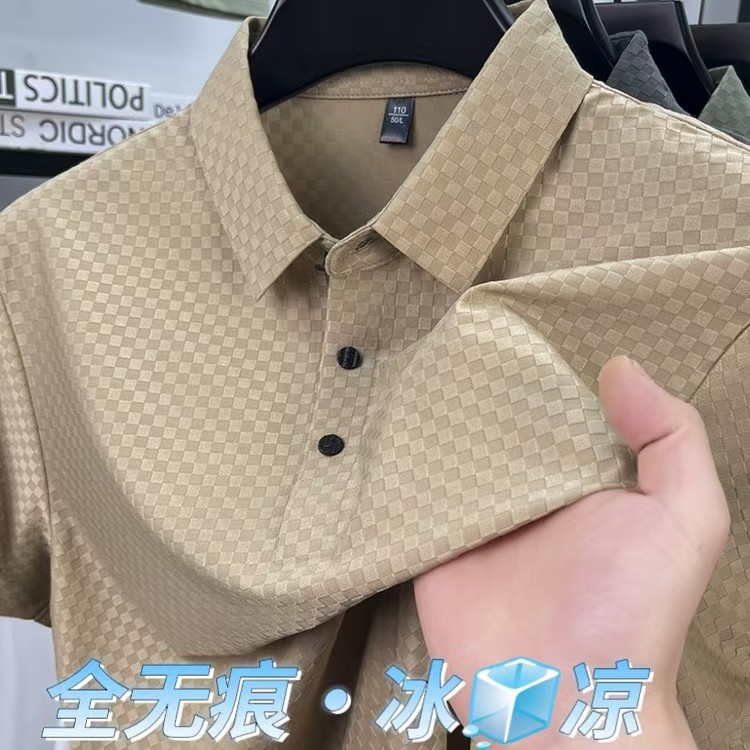 Cross-border Summer New Men's T-shirt Lapp Breathable Thin Jacquard Plaid Cool Polo Ice Silk Short Sleeve Men's T-shirt