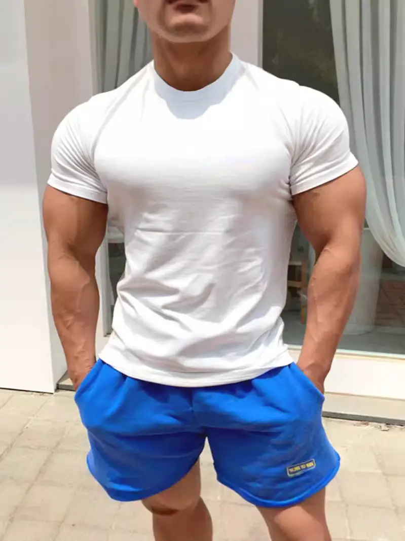 Muscle Men's Tight Sports T-shirt Lycra Ice Silk Cotton Fitness Three-point Short-sleeved Breathable Iron Quick-drying Training Top