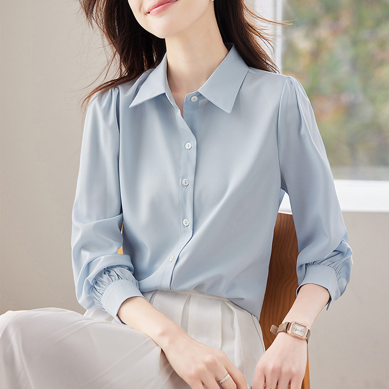 High-end Light Luxury Acetic Acid Satin Blue Shirt Women's Top 2025 New Spring and Autumn Bow Chiffon Shirt