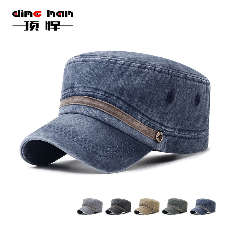 Washed Hat Old Cotton Cloth Flat Top Hat Cotton Breathable Button Cap Young and Middle-aged Dad Outdoor Sun Hat