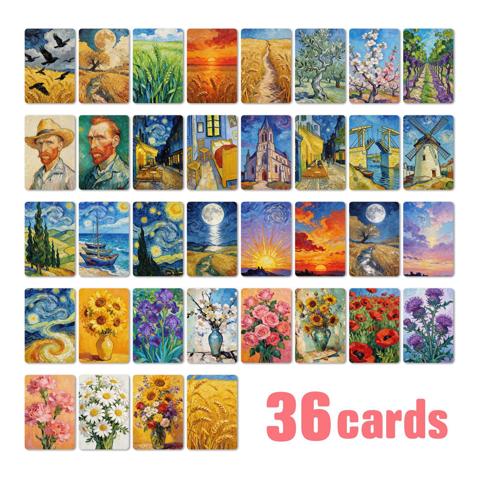 Cross-Border New Model 36-Piece Van Gogh Style Oil Painting Collection Set Card Art Decoration Home Decor Painting Cards