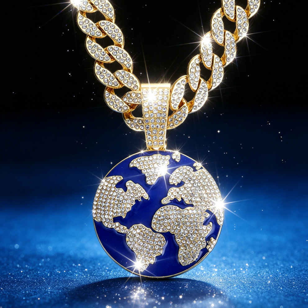 Hip-Hop Full Diamond Planet Earth Pendant Cuban Chain Men's Personalized Eco-Friendly Alloy Jewelry European and American Style Layered Necklace