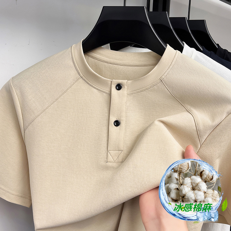 Ice-Feel Cotton and Linen Short-Sleeved Men's T-Shirt, New Summer Style, Henry Collar, Breathable, Skin-Friendly, Versatile Half-Sleeved T-Shirt, Base Layer Shirt for Men