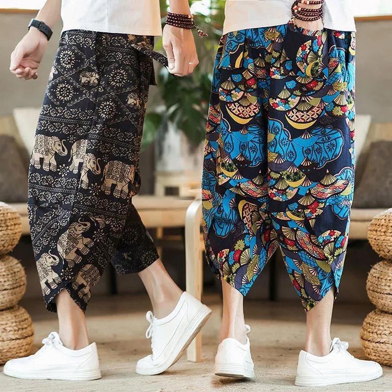 Chinese Style 2024 Summer Men's Casual Cropped Pants Bloomers Wide Leg Beach Pants Floral Pants Loose Large Size Wholesale