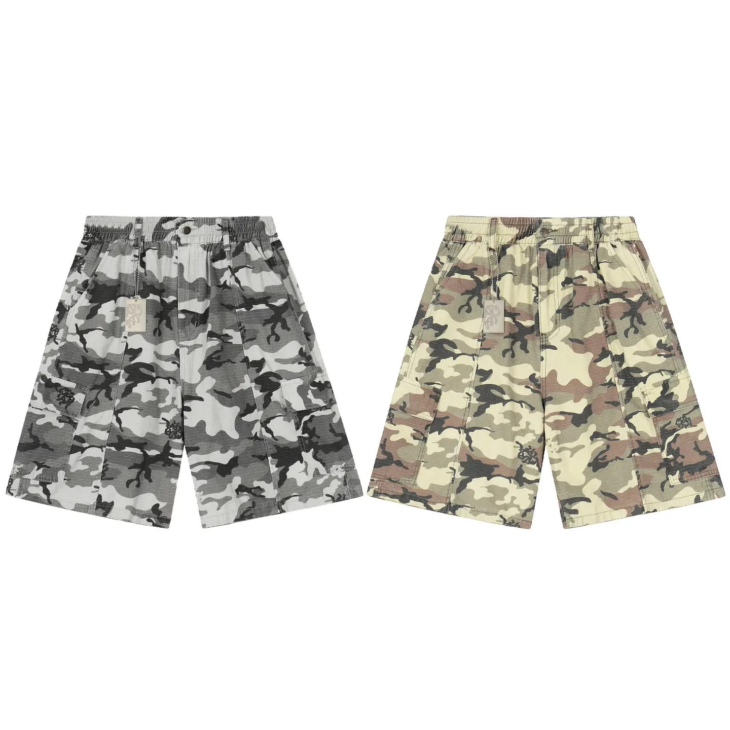 American Style High Street Camouflage Shorts for Men and Women, Loose Casual Silhouette Multi-Pocket Cargo Shorts
