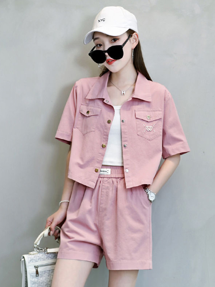 [Two-piece set] Western-style short-sleeved shirt women's thin shirt coat versatile casual short pants fashion suit