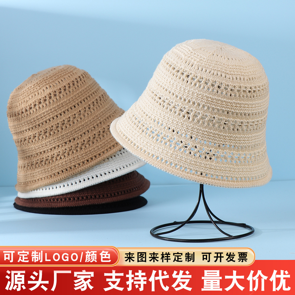 New Spring and Summer Sun Protection Hat for Women, Knitted Hollow Breathable Outdoor Casual Solid Color Bucket Hat