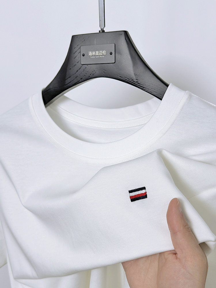 Authentic Tommy Classy Mercerized Cotton Men's T-Shirt Short-Sleeved 2024 New Style Seamless Round Neck Half-Sleeved Embroidered White t Trendy Brand