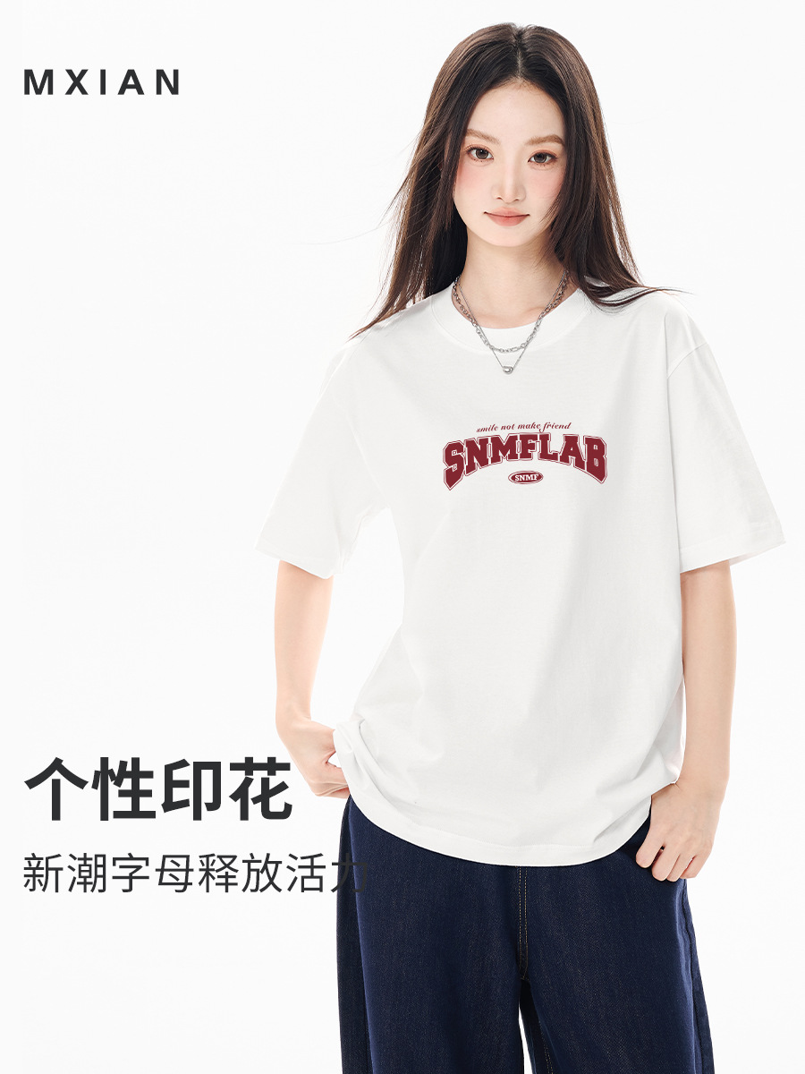 American Style Casual Letter Printed Short-sleeved T-shirt Women's 2024 Summer New Cotton Outer Wearing Round Neck Half-sleeved Top for Women
