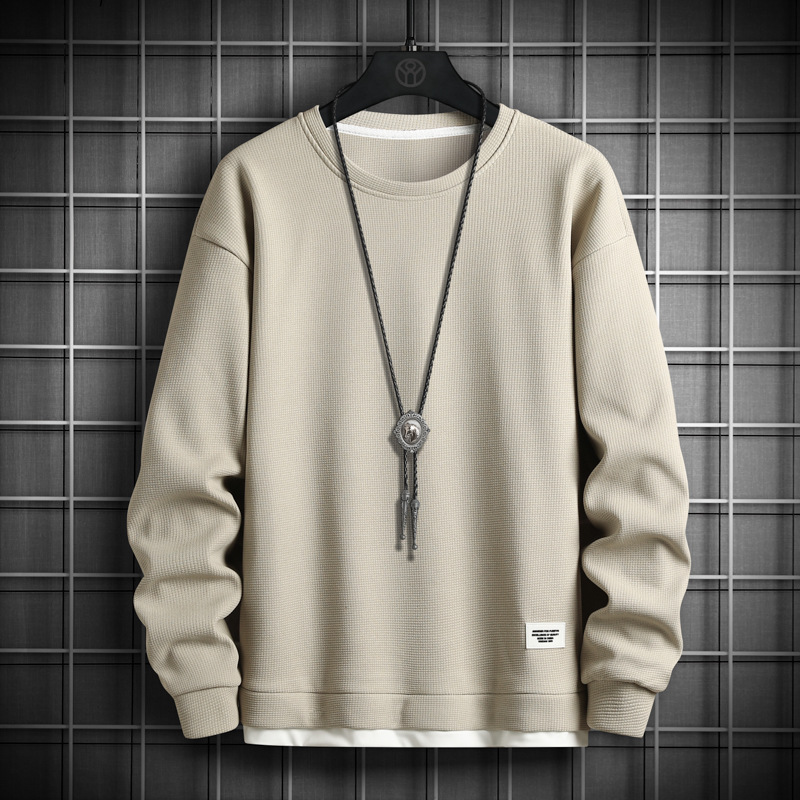 Trendy Waffle Knit Fake Two-Piece Sweatshirt for Men, Autumn and Winter Fleece-Lined Crew Neck Loose Long-Sleeve T-Shirt, Casual Base Layer Top for Men