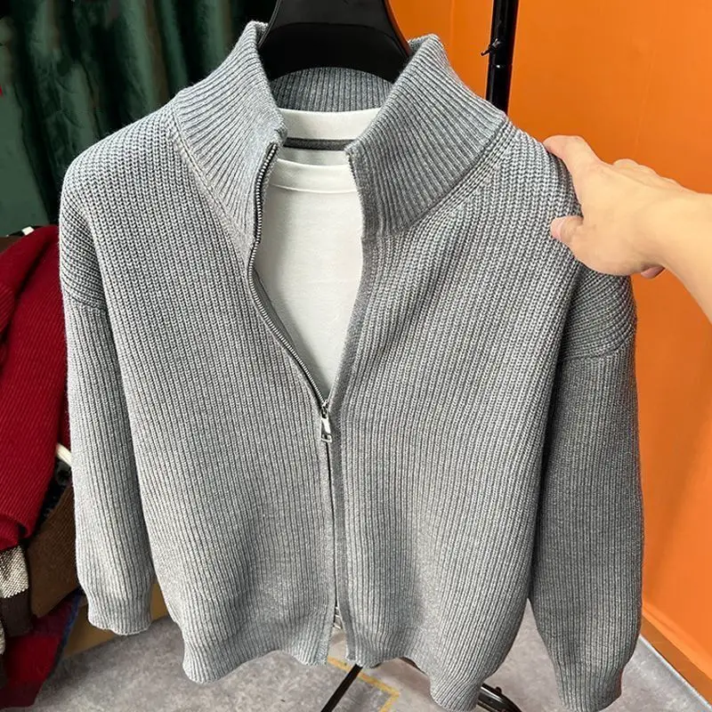 Cardigan Solid Color Zipper Sweater Men Versatile Knitwear Autumn Winter Popular Slim Fit Jacket Men Stand Collar Half-High Outerwear