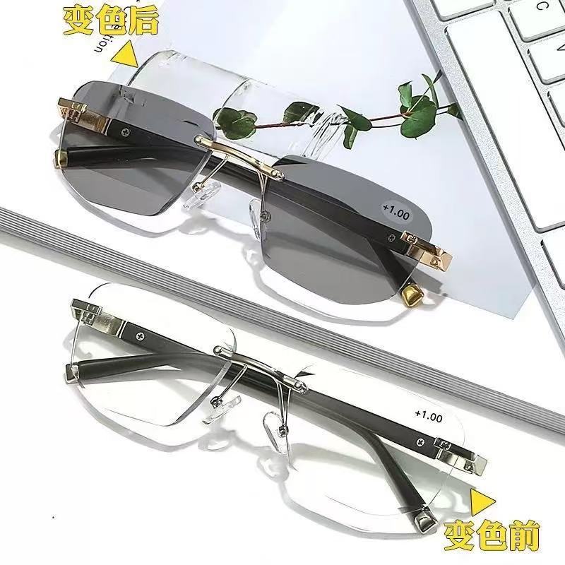 Color-Changing Progressive Multi-Focus Reading Glasses for Men, Metal Frameless, Anti-Blue Light, Smart Zoom Reading Glasses