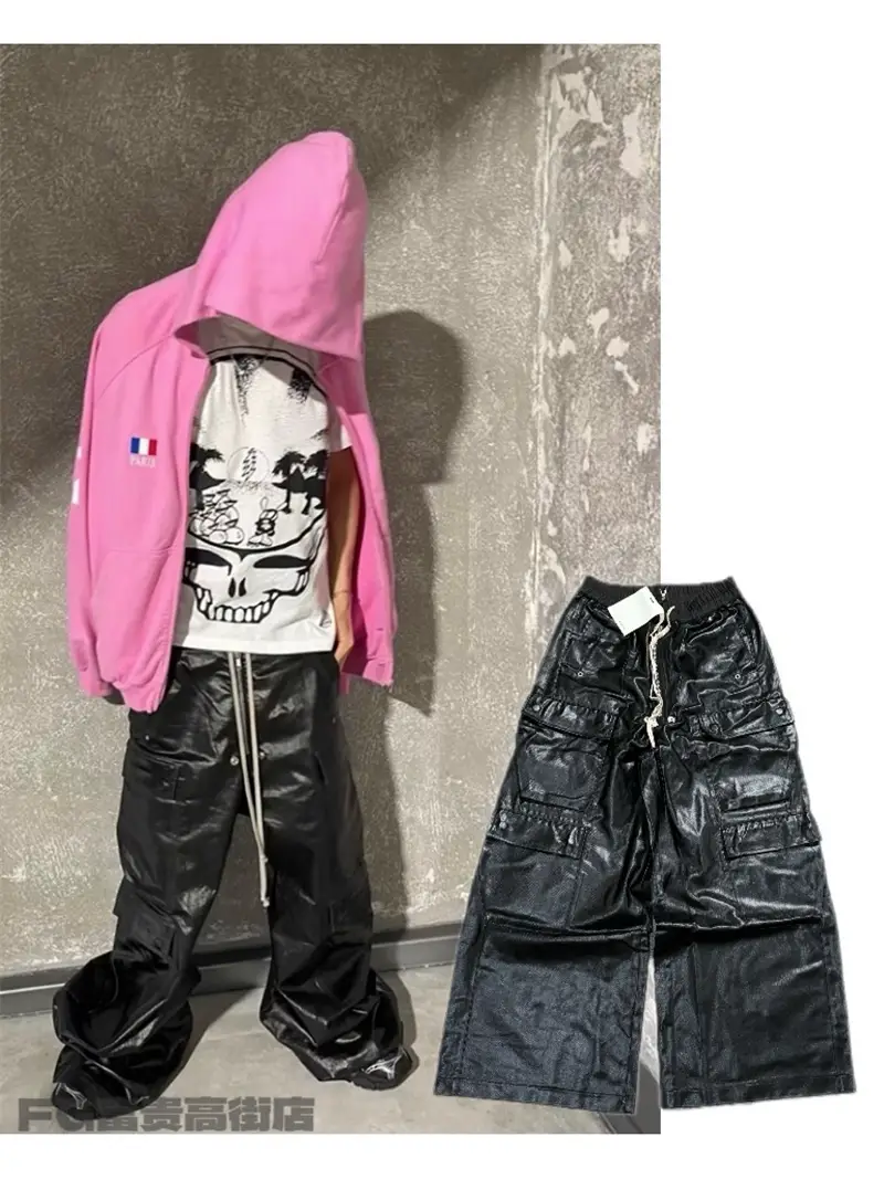 RO style GethBela matte coating with elastic waistband, loose fit, wide leg, floor mopping, men's and women's multi pocket work pants